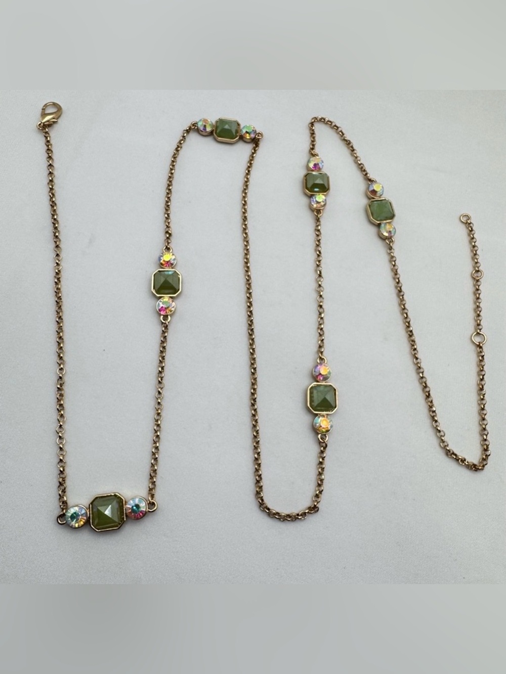 Gold Tone Green and White AB Crystal Station Necklace Long Layered Chain Boho